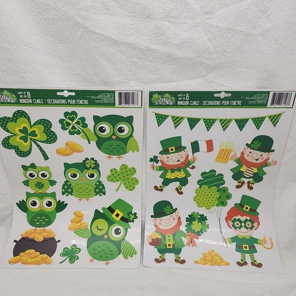 Window Cling ST Patrick's Day Owls Leprechauns Gold Flag Shamrocks 14 Total